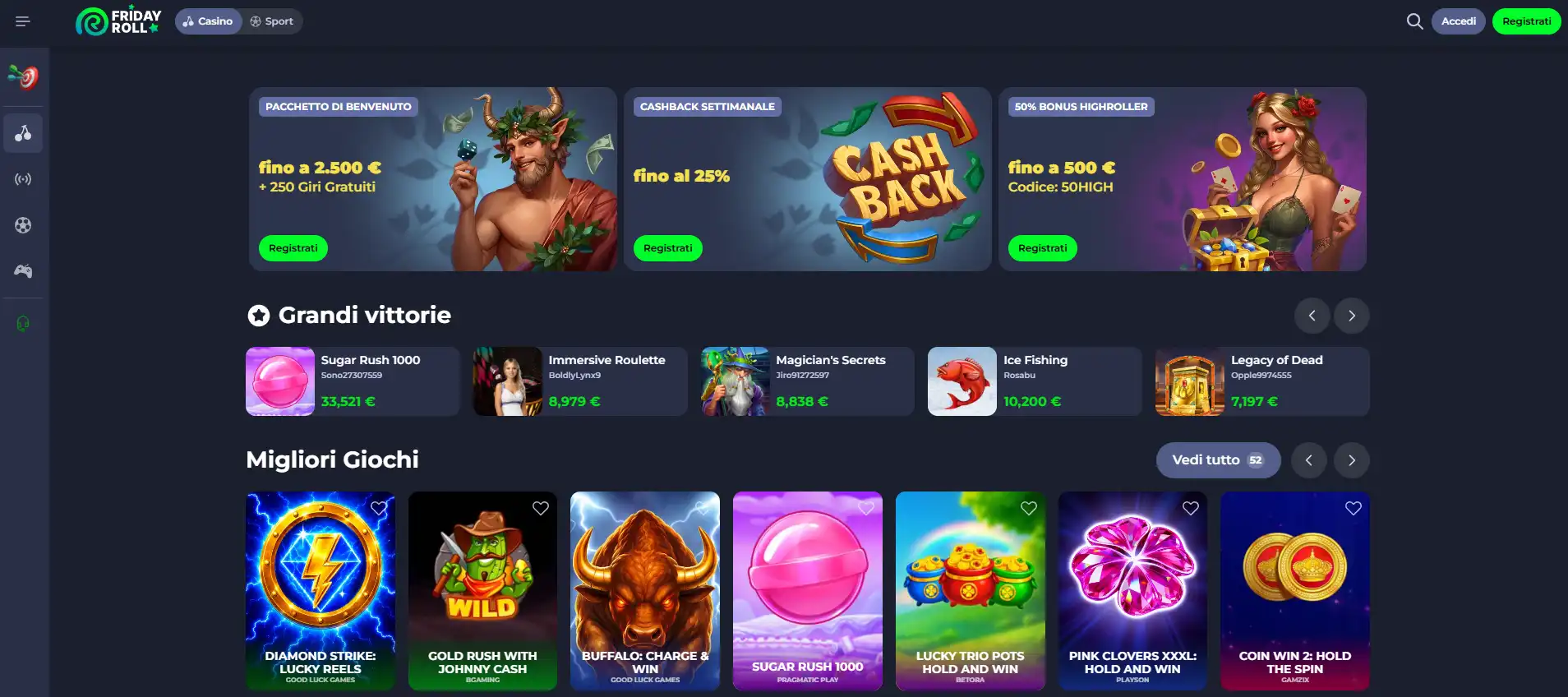 Homepage italiana di Fridayroll Casino con menu e sezioni principali