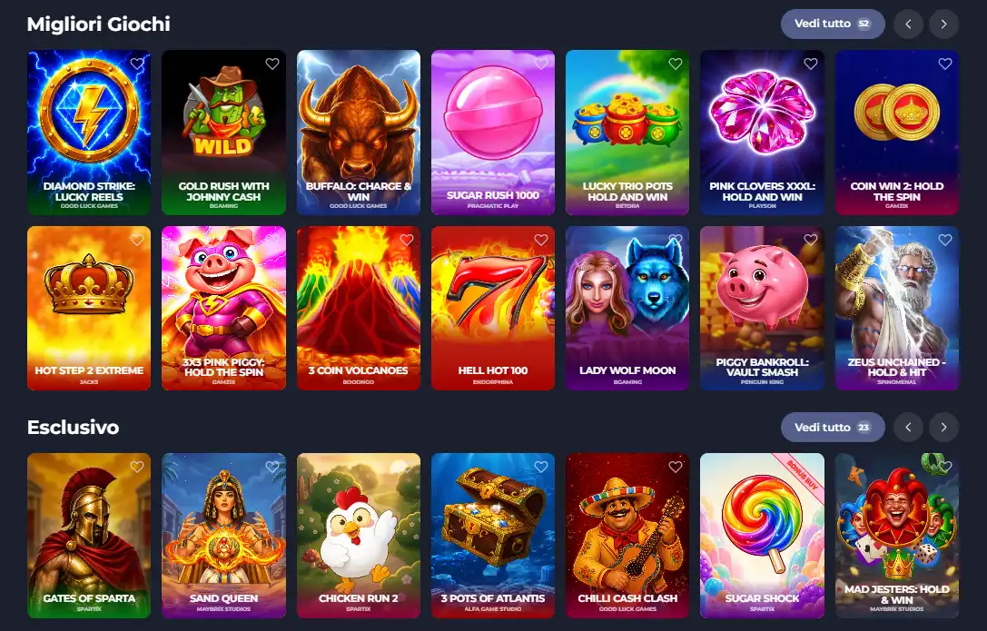 Sezione giochi nella homepage italiana di Fridayroll Casino